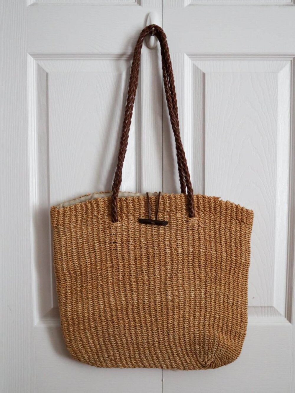 Vtg Nordstrom Preview Collection Woven Straw Tote Bag Braided Leather Handles